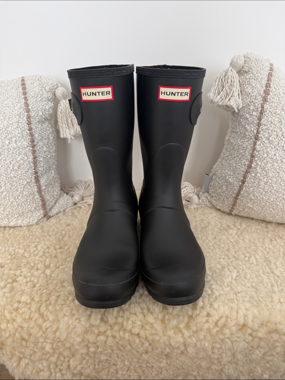 Hunter Black Rubber Mid-Calf Rain Boots with Logo Plaque